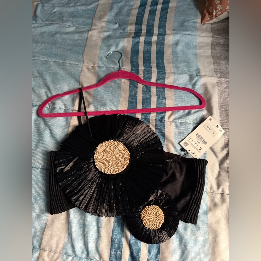 Zara Black Crop Top with Raffia Sunburst Accents